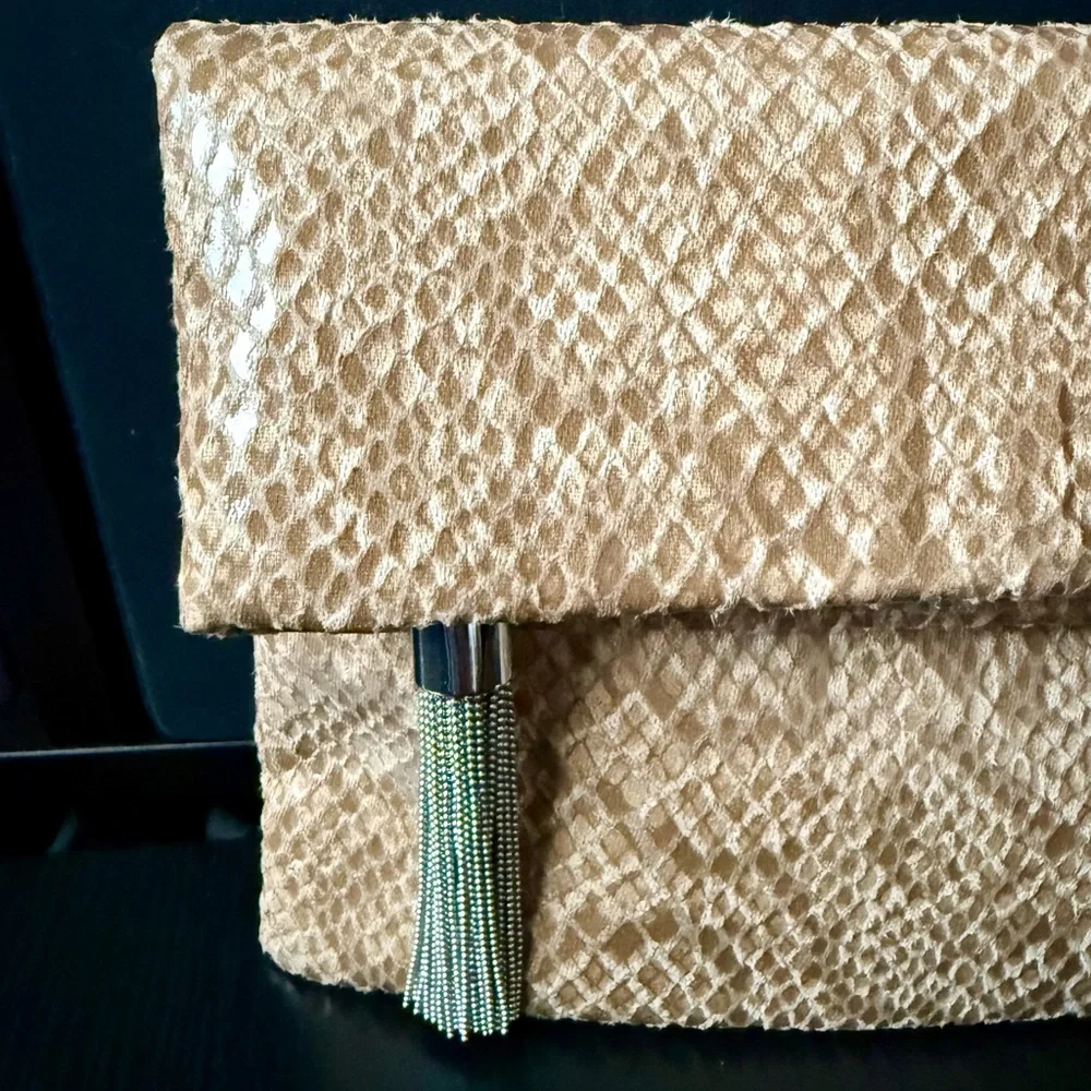 Banana Republic Textured Tan Foldover Clutch Silver Tassel